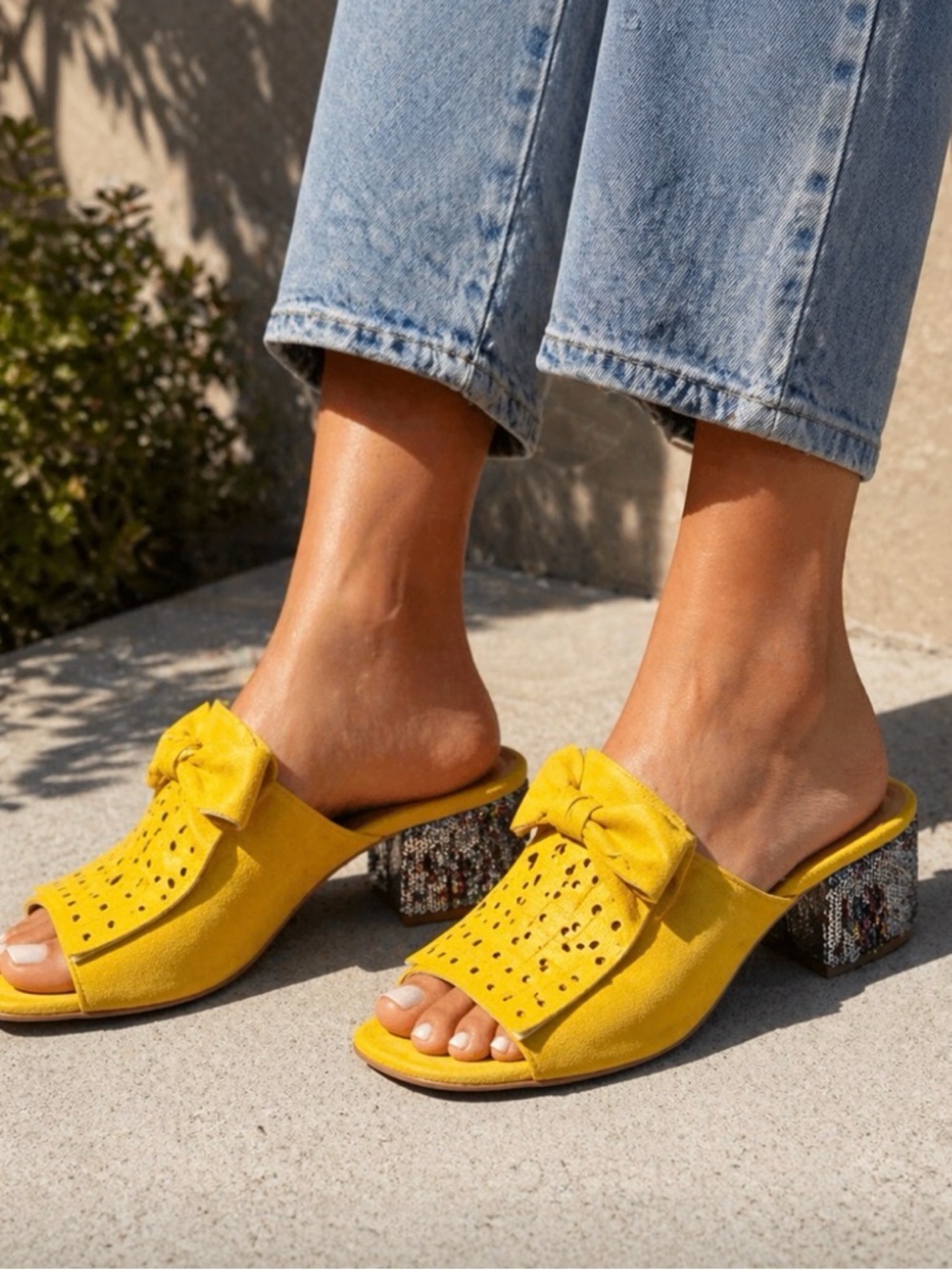 Laura Amat Authentic Made In Spain Yellow Suede Open-Toe Mules With Sequins